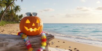 Una zucca di Halloween al caldo su una spiaggia