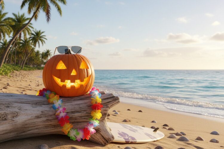 Una zucca di Halloween al caldo su una spiaggia