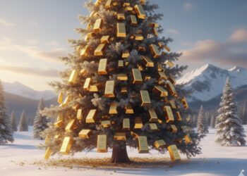 Un albero con lingotti d'oro sulle foglie