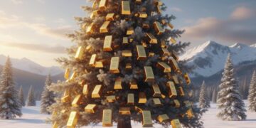 Un albero con lingotti d'oro sulle foglie