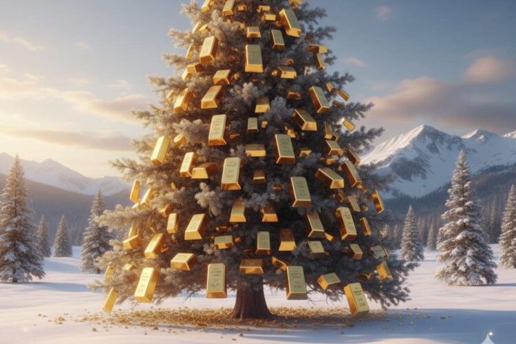 Un albero con lingotti d'oro sulle foglie