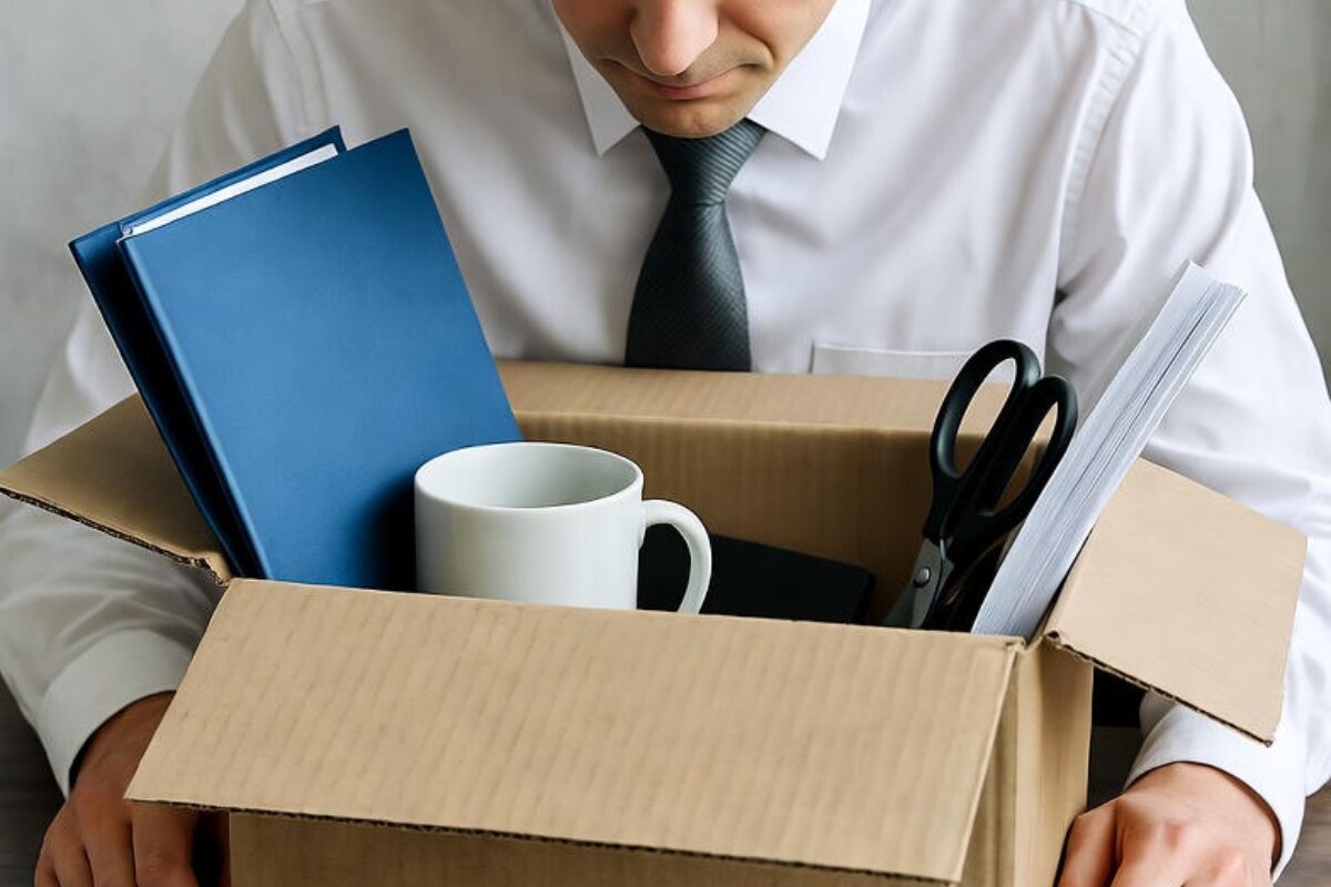 Una persona licenziata che raccoglie le sue cose in uno scatolone