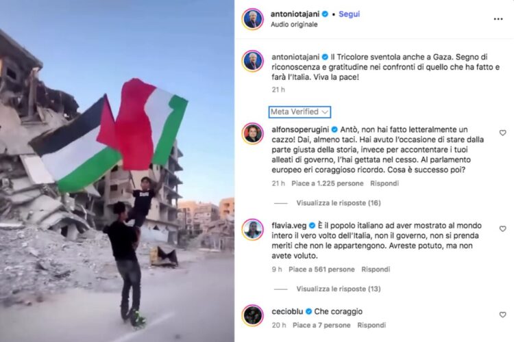 Il post pubblicato su Instagram da Tajani per Gaza