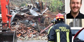 I Vigili del fuoco a lavoro per la frana verificatasi a Brazzano di Cormons (Gorizia) e, nel riquadro, Quirin Kuhnert