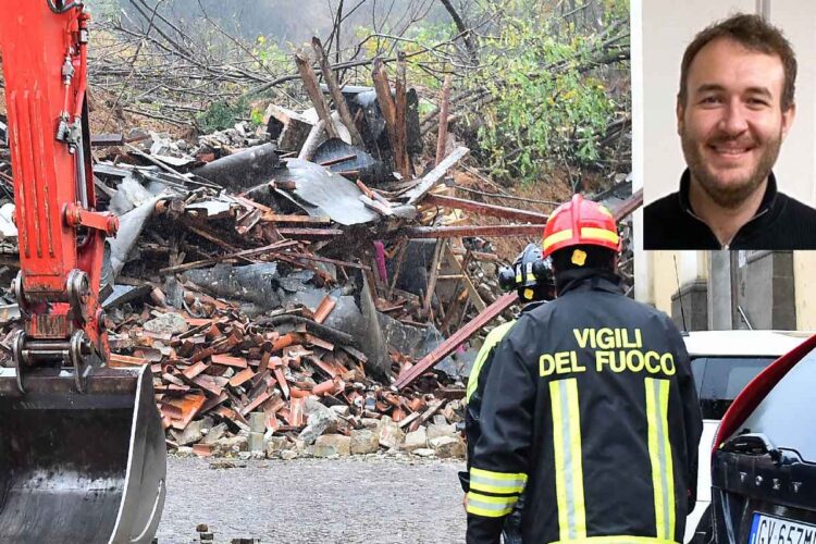 I Vigili del fuoco a lavoro per la frana verificatasi a Brazzano di Cormons (Gorizia) e, nel riquadro, Quirin Kuhnert