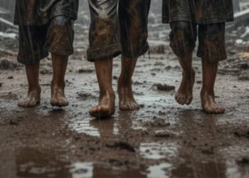 Dei bambini a Gaza camminano sotto la pioggia