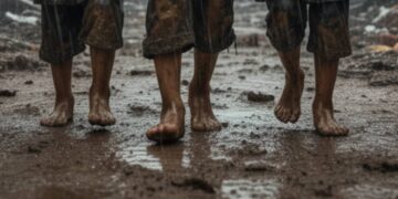 Dei bambini a Gaza camminano sotto la pioggia