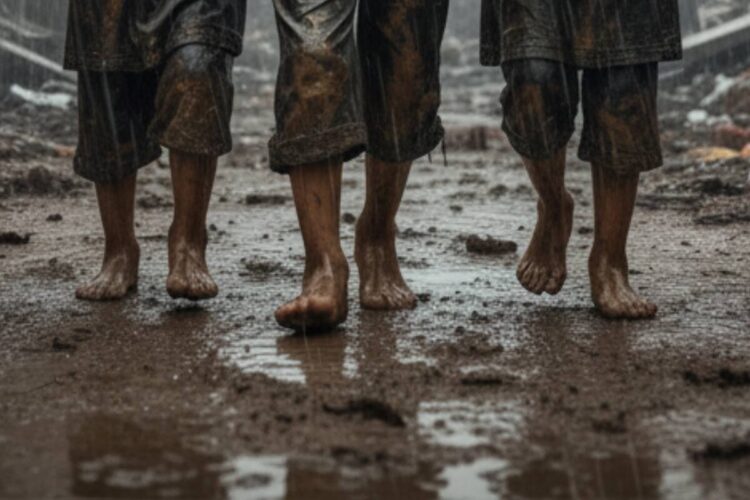 Dei bambini a Gaza camminano sotto la pioggia