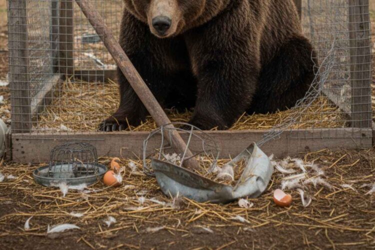 Un orso in una gabbia di galline