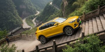 Il Suv elettrico Chery Fengyun X3L tenta di conquistare le celebri scale della montagna e del tempio Tianmen