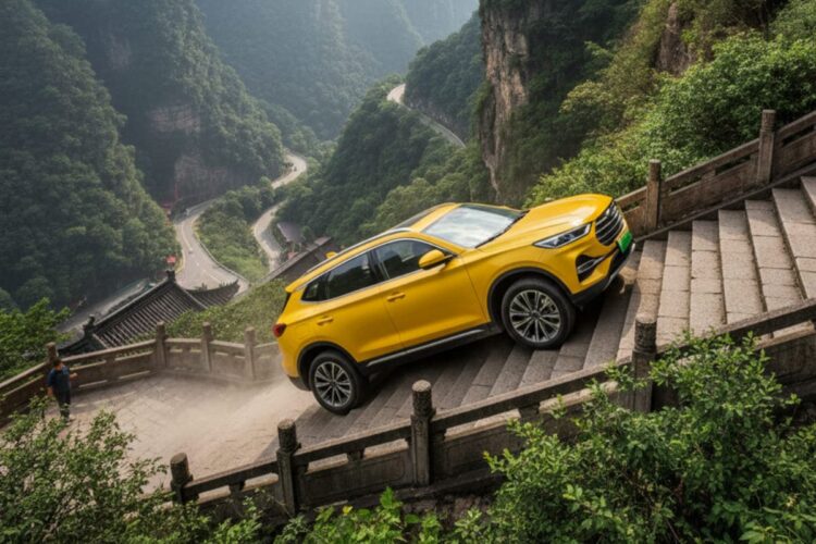Il Suv elettrico Chery Fengyun X3L tenta di conquistare le celebri scale della montagna e del tempio Tianmen