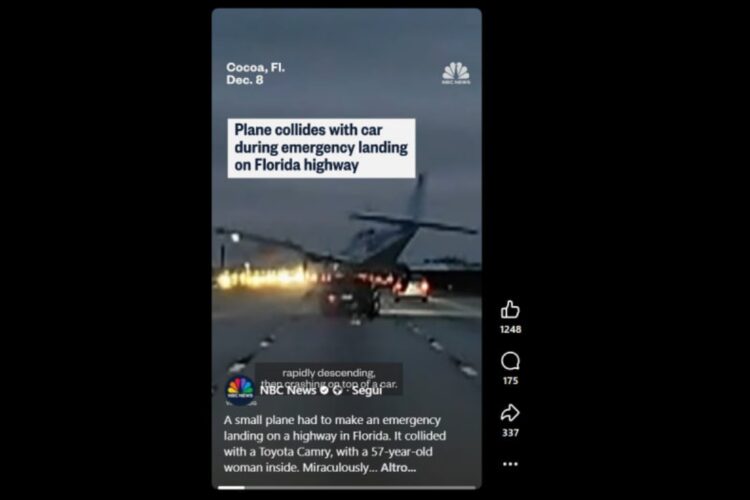 L'aereo caduto su un'auto in Florida