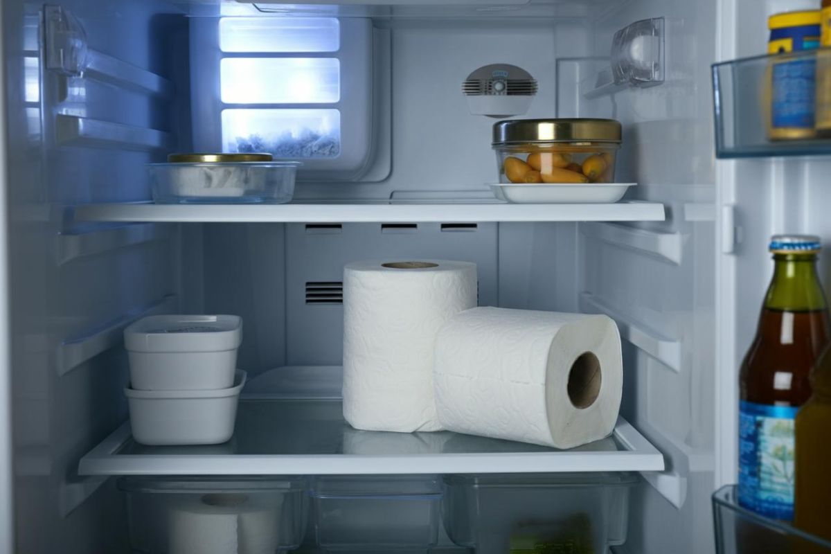 Rotoli di carta igienica dentro un frigo 
