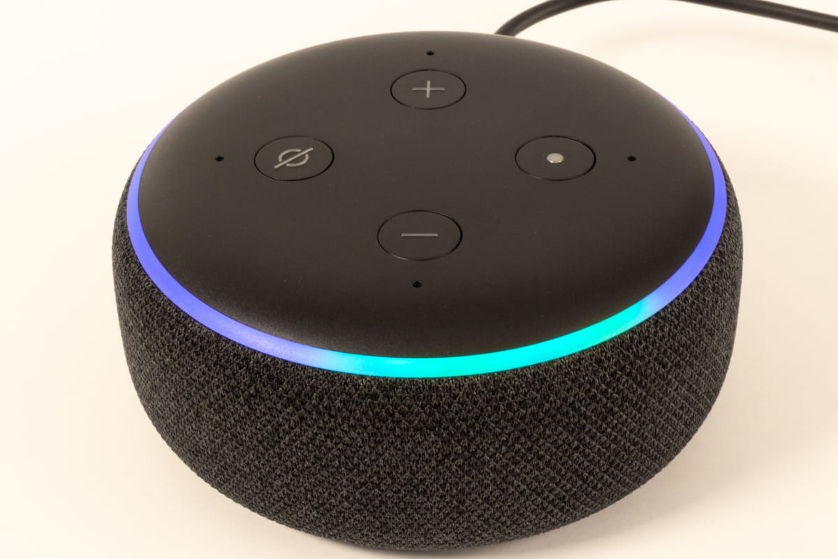 Third generation Amazon Echo Dot, with Alexa in activated mode