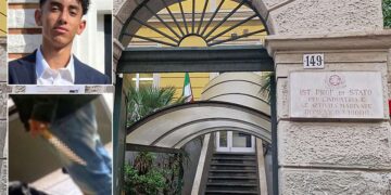 Nella combo, in alto Abanoub Youssef, 19 anni, morto all'Ospedale S. Andrea; in basso, il ragazzo compagno di scuola fermato con l'accusa di averlo accoltellato all'addome; e l'ingresso dell'istituto professionale 'Domenico Chiodo' a La Spezia dove è avvenuta l'aggressione