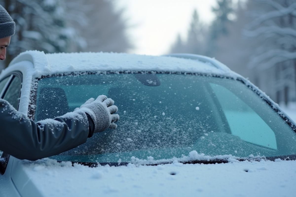 Persona che toglie il ghiaccio dal parabrezza della propria automobile