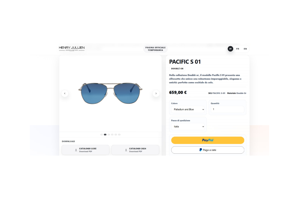 Screenshot del sito che vende gli occhiali da sole di Macron