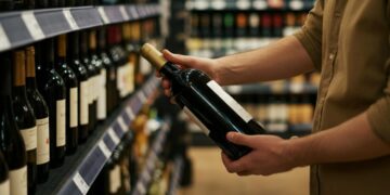 Una persona che sceglie il vino al supermercato