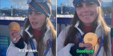 Due foto di Breezy Johnson con la medaglia rotta