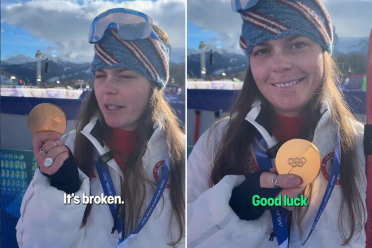 Due foto di Breezy Johnson con la medaglia rotta