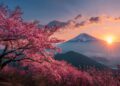La fioritura dei ciliegi con un tramonto sul monte Fuji in Giappone