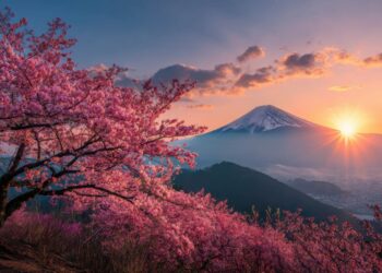 La fioritura dei ciliegi con un tramonto sul monte Fuji in Giappone