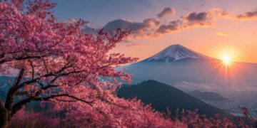 La fioritura dei ciliegi con un tramonto sul monte Fuji in Giappone