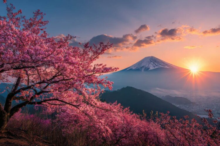 La fioritura dei ciliegi con un tramonto sul monte Fuji in Giappone