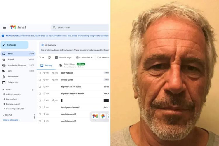 La homepage di Jmail e una foto di Jeffrey Epstein