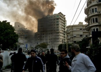 Beirut, Lebanon: Black smoke engulfs a building that was targeted by an Israeli air arid in central Beirut