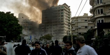 Beirut, Lebanon: Black smoke engulfs a building that was targeted by an Israeli air arid in central Beirut