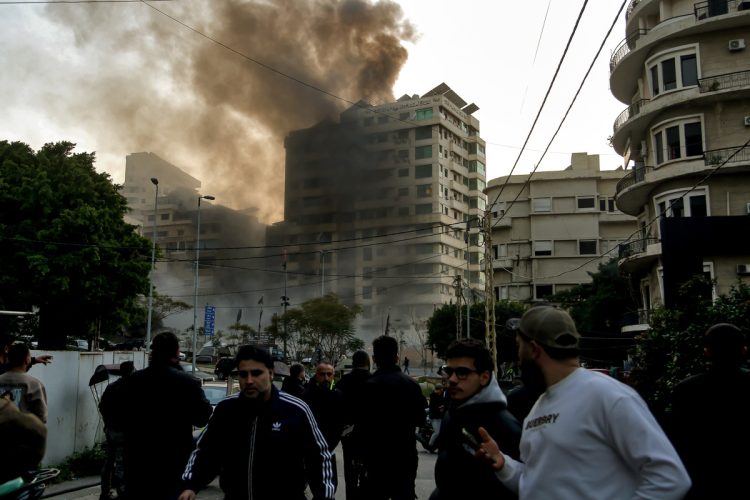 Beirut, Lebanon: Black smoke engulfs a building that was targeted by an Israeli air arid in central Beirut