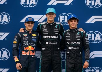 Isaak Hadjar, George Russell e Kimi Antonelli