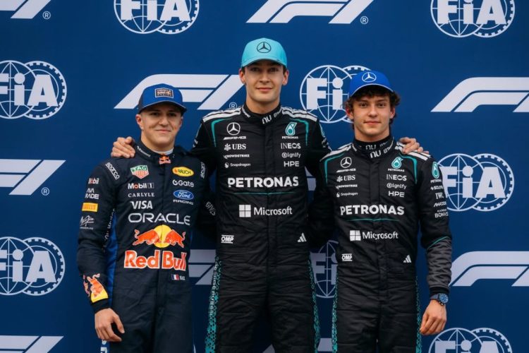 Isaak Hadjar, George Russell e Kimi Antonelli