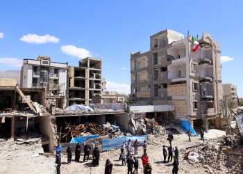 A view of damaged residential buildings after an airstrike on the city of Karaj, Alborz Province, Iran, 03 April 2026