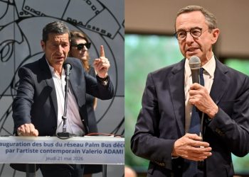 David Lisnard durante Inaugurazione degli autobus della rete Palm Bus e Bruno Retailleau durante una conferenza. Le due immagini sono accostate per l'acceso dibattito attuale per le Presidenziali francesi del 2027