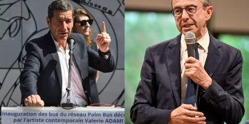 David Lisnard durante Inaugurazione degli autobus della rete Palm Bus e Bruno Retailleau durante una conferenza. Le due immagini sono accostate per l'acceso dibattito attuale per le Presidenziali francesi del 2027