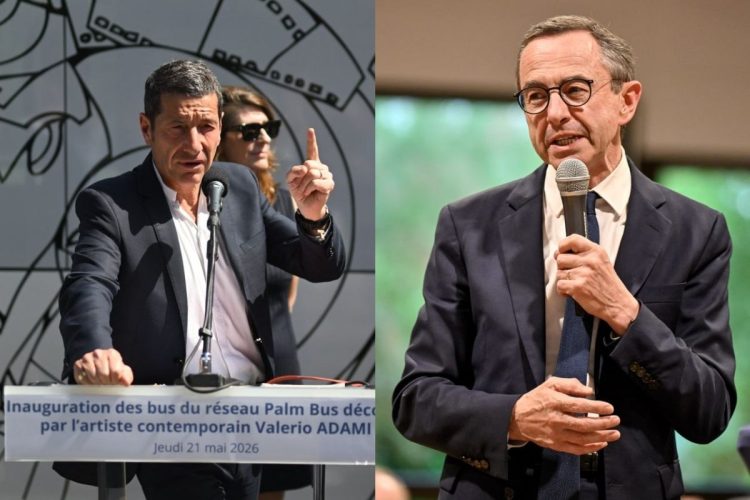 David Lisnard durante Inaugurazione degli autobus della rete Palm Bus e Bruno Retailleau durante una conferenza. Le due immagini sono accostate per l'acceso dibattito attuale per le Presidenziali francesi del 2027