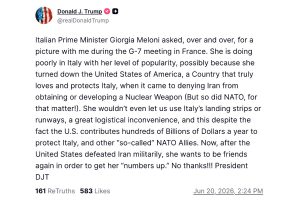 Donald Trump su Meloni: "Amica? No, grazie!" - nella foto, il post di Donald Trump su Truth Social