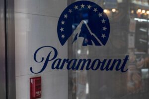Entrata degli uffici Paramount Times Square in New York in Agosto 20, 2024. Approvata l'acquisizione di Warner Bros da parte di Paramount