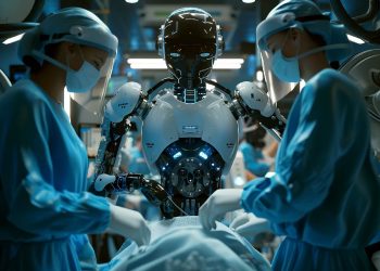 immagine di una sala operatoria con due dottori e un robot che collaborano