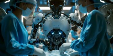 immagine di una sala operatoria con due dottori e un robot che collaborano