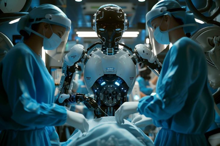 immagine di una sala operatoria con due dottori e un robot che collaborano