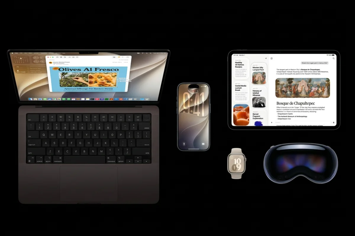 Prodotti Apple allineati: MacBook, iPhone, iPad, Watch, visore.