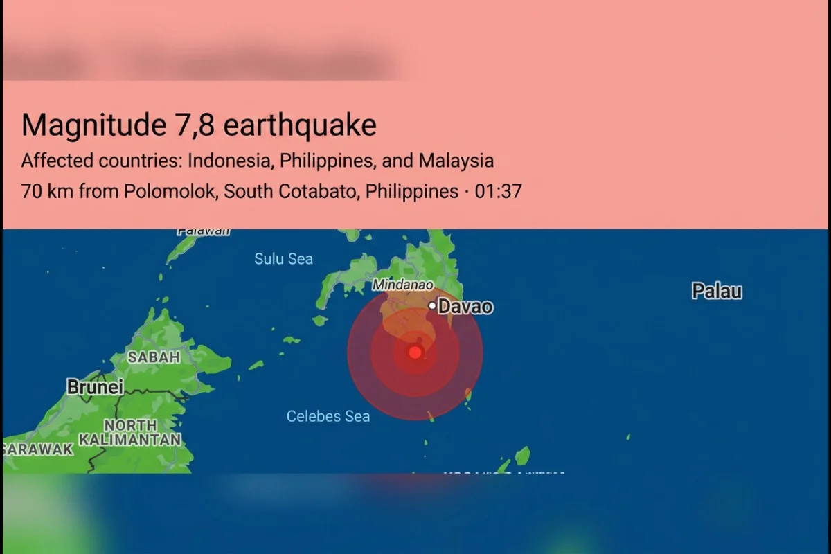 Mappa epicentro terremoto magnitudo 7.8 Filippine, Indonesia e Malesia