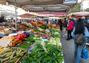 Bancarelle del mercato con frutta e verdura fresca e acquirenti
