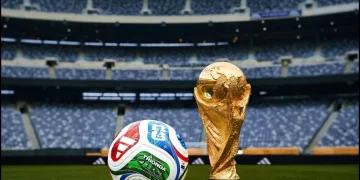 Pallone ufficiale Trionda e Coppa del Mondo FIFA sull'erba dello stadio
