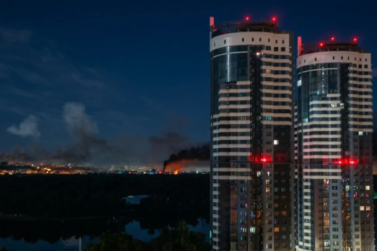 Fumo e fiamme divampano su Kiev di notte