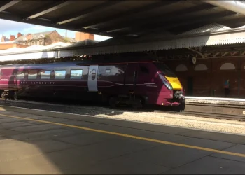 East Midlands Railway Class 222 (222104) arriving at Nottingham in its new livery