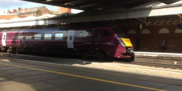 East Midlands Railway Class 222 (222104) arriving at Nottingham in its new livery